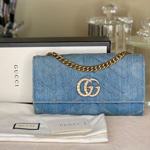 Authentic Gucci Denim and Pearl Wallet on a Chain